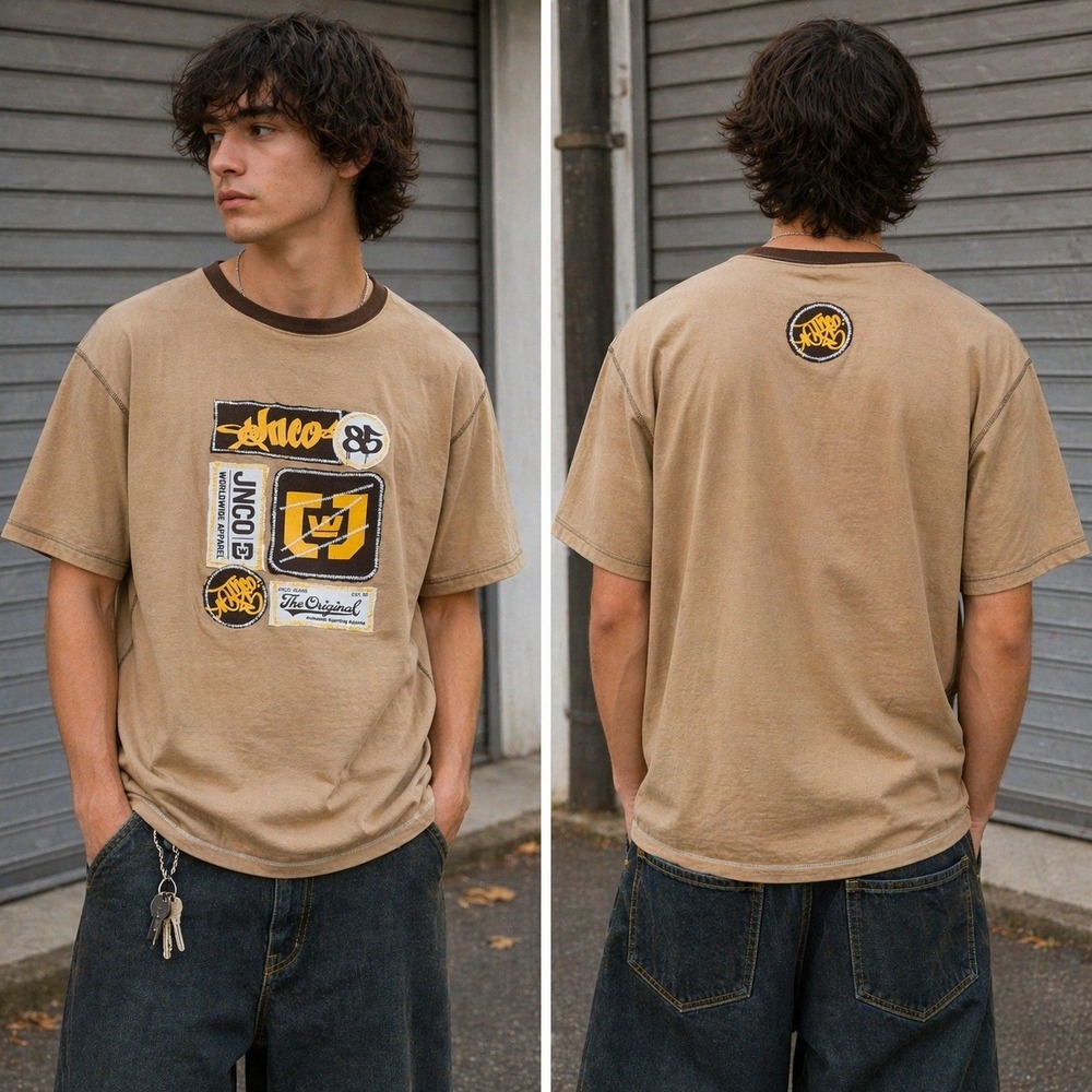 JNCO Jeans Mens Graphic T-Shirt Tan Brown Multi Patch Logo Vintage Style XL